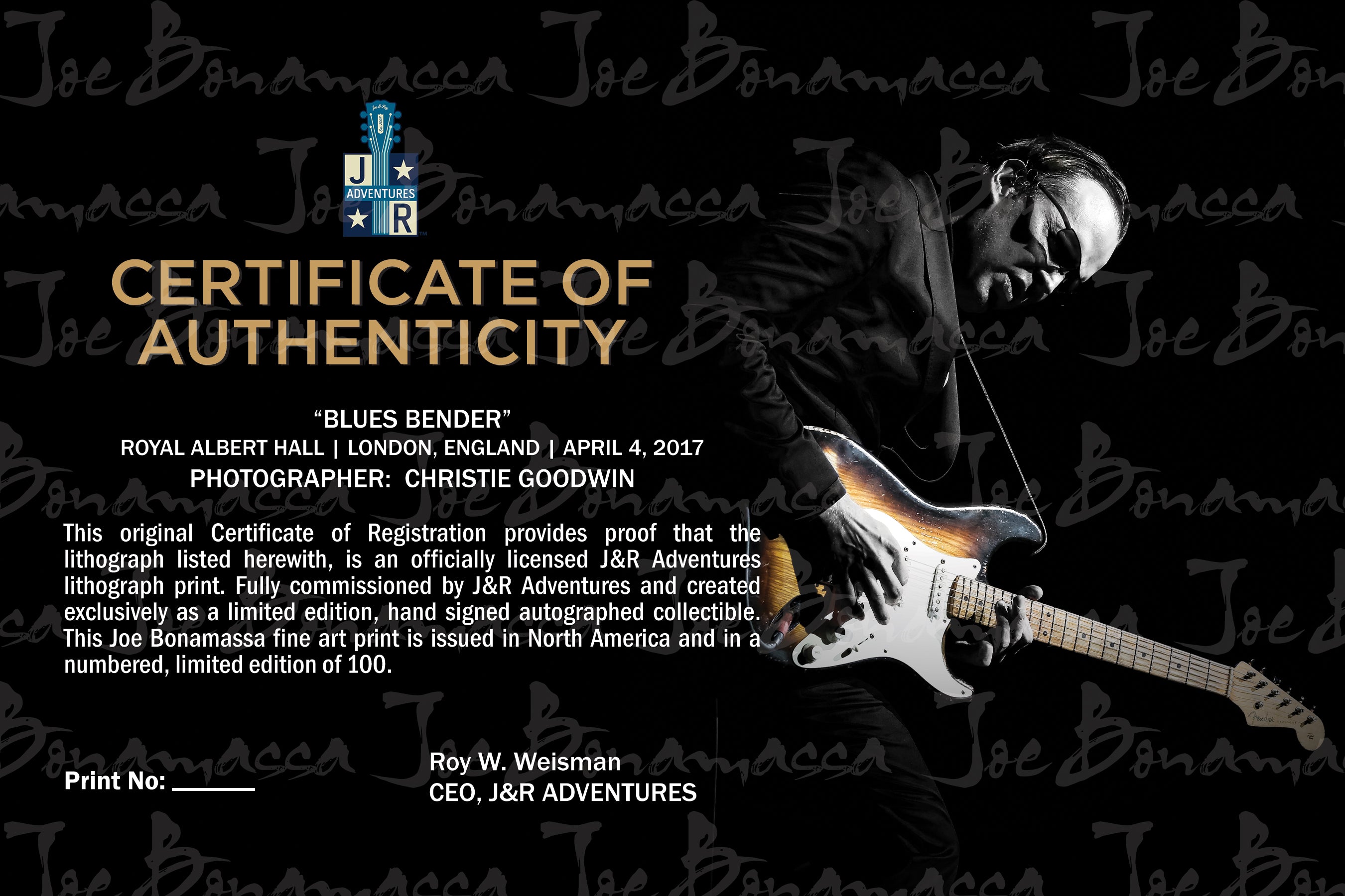 Joe Bonamassa #40 Blues Bender litografi signert samleobjekt