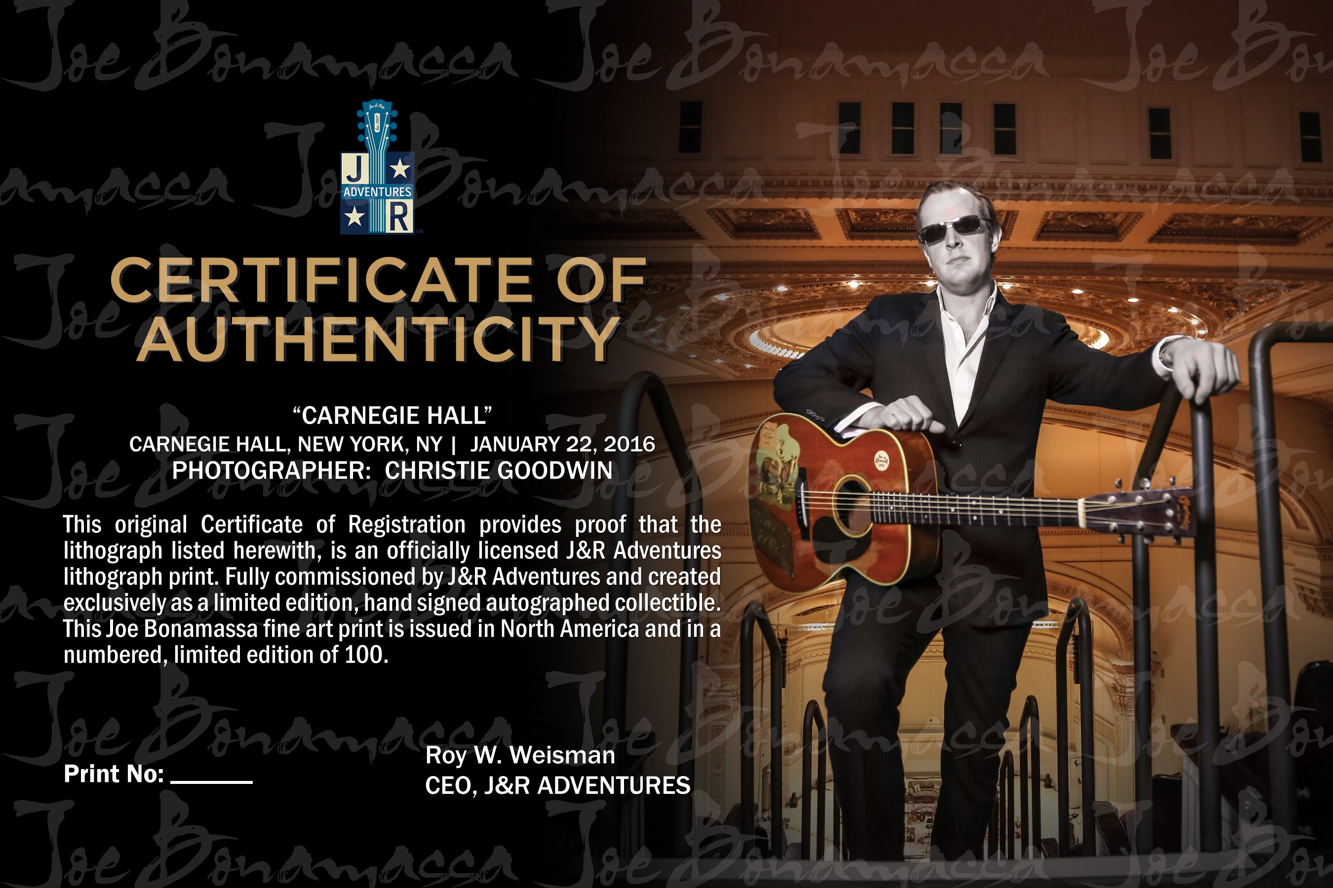 Joe Bonamassa #30 Carnegie Hall Litografi signert innrammet
