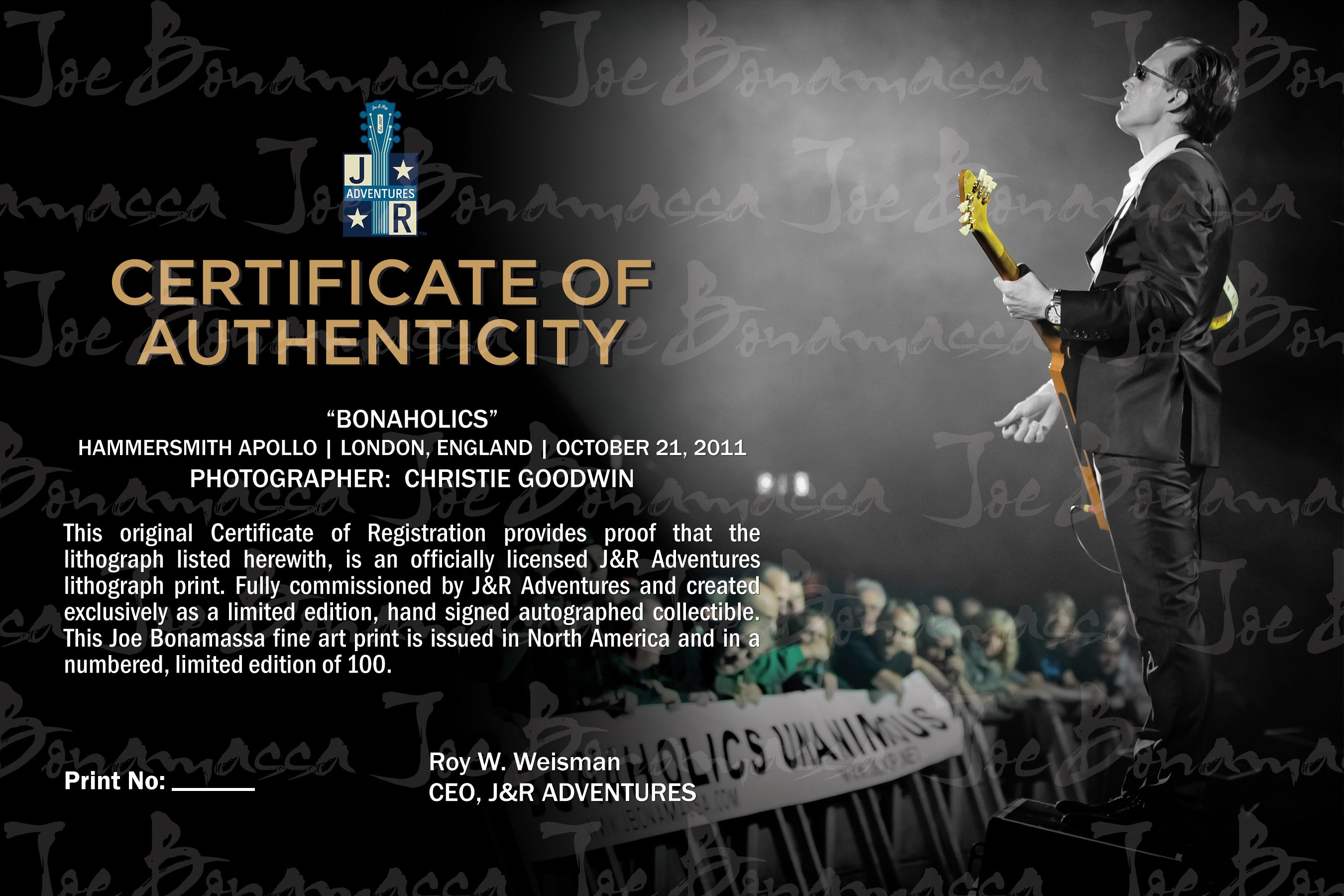 Joe Bonamassa Bonaholics #38 litografi innrammet signert