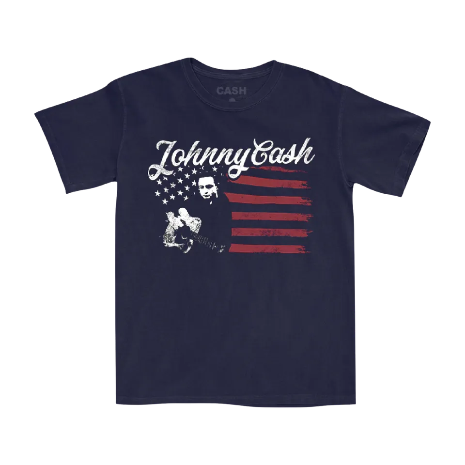 Johnny Cash Flag Photo t-skjorte marineblå tourmotiv
