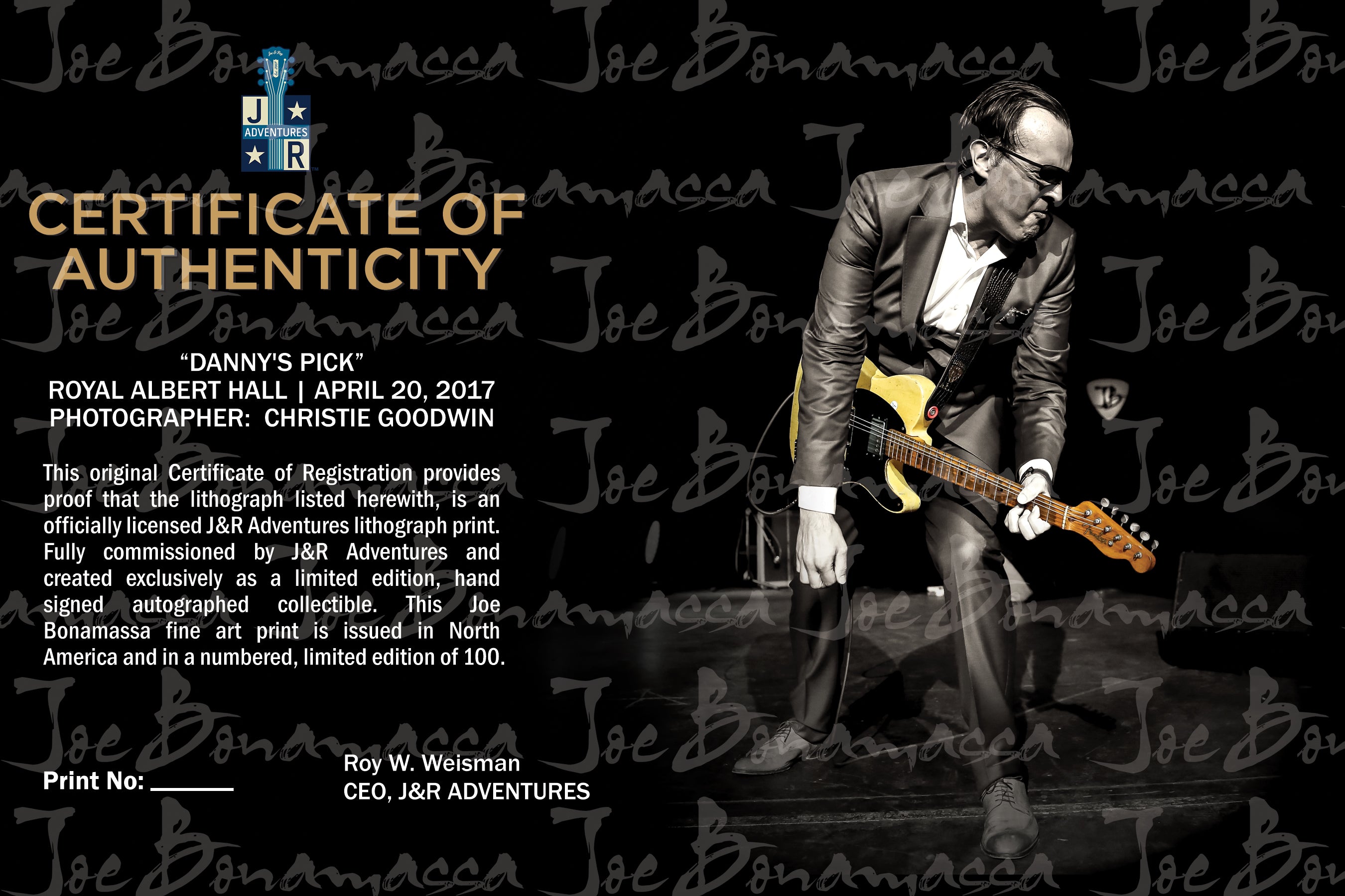 Joe Bonamassa Danny's Pick litografi innrammet signert