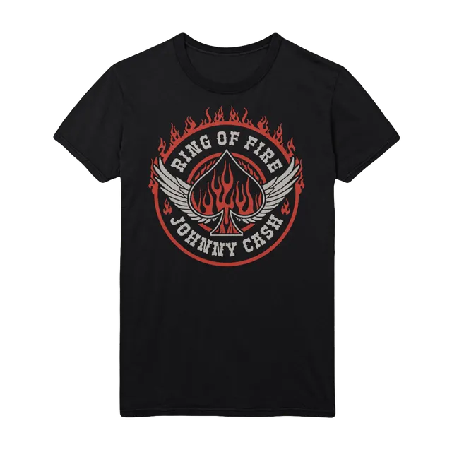 Johnny Cash Ring of Fire t-skjorte svart brysttrykk