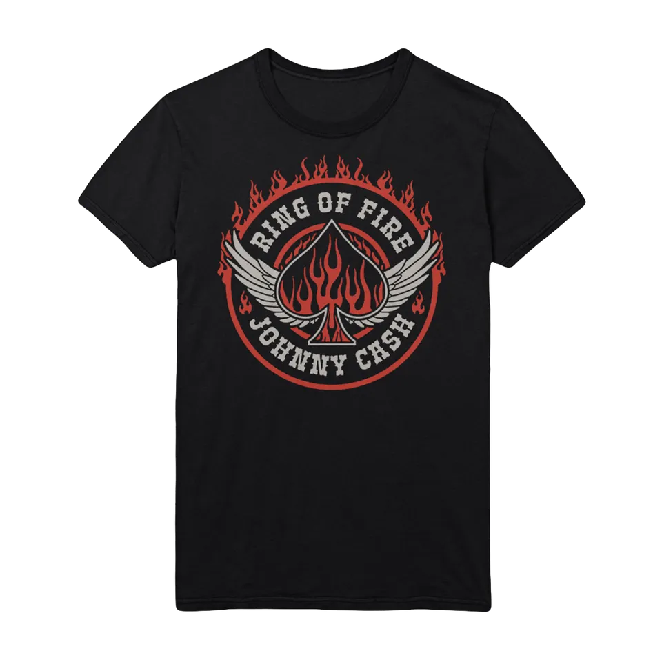Johnny Cash Ring of Fire t-skjorte svart brysttrykk