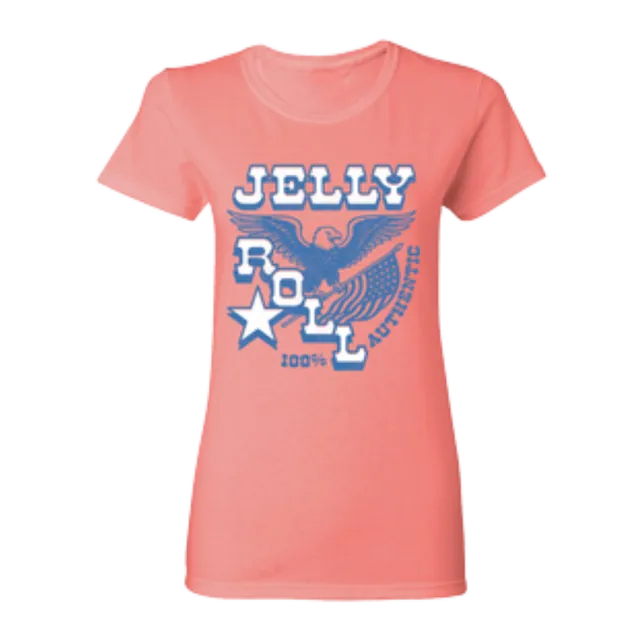 Jelly Roll Eagle T-skjorte dame korall brysttrykk