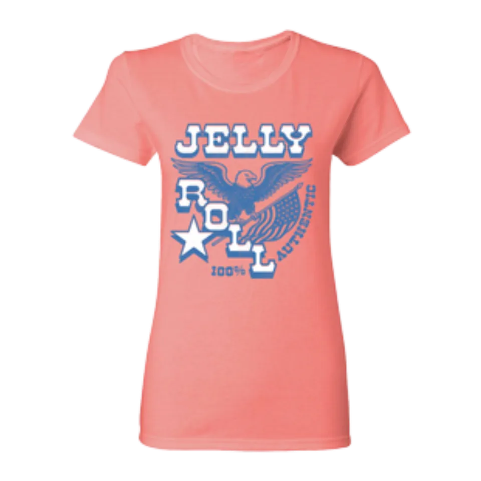 Jelly Roll Eagle T-skjorte dame korall brysttrykk