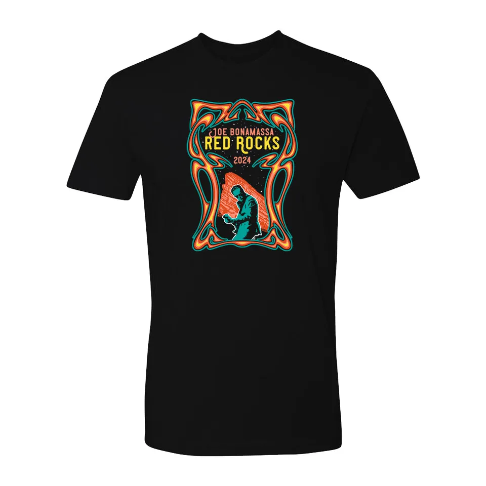 Joe Bonamassa 2024 Retro Red Rocks t-skjorte XL svart bomull