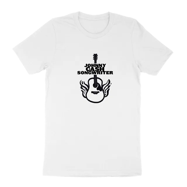 Johnny Cash Flaming Guitar t-skjorte hvit songwriter