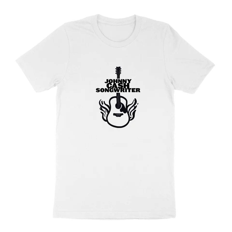 Johnny Cash Flaming Guitar t-skjorte hvit songwriter