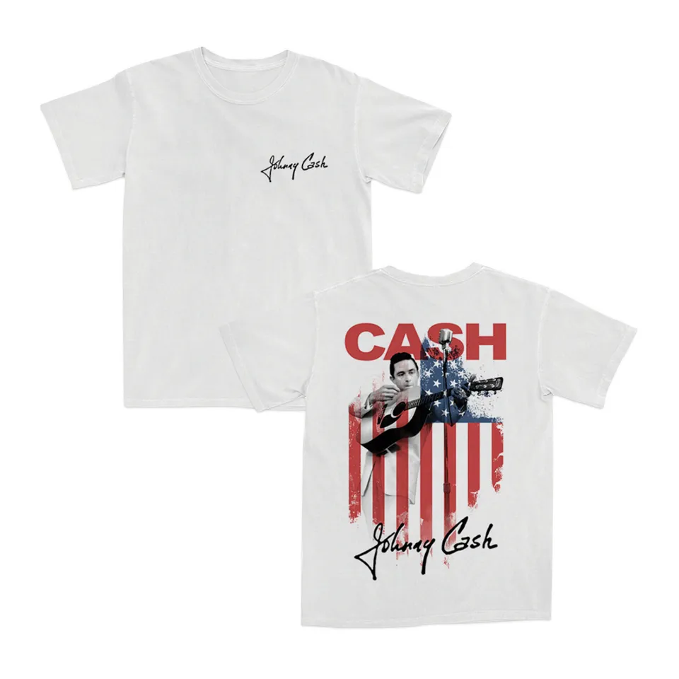 Johnny Cash American t-skjorte hvit ryggtrykk